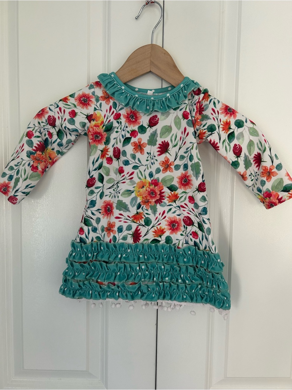 Sugar Bee girls dress nightgown ruffle white green floral size 12 months